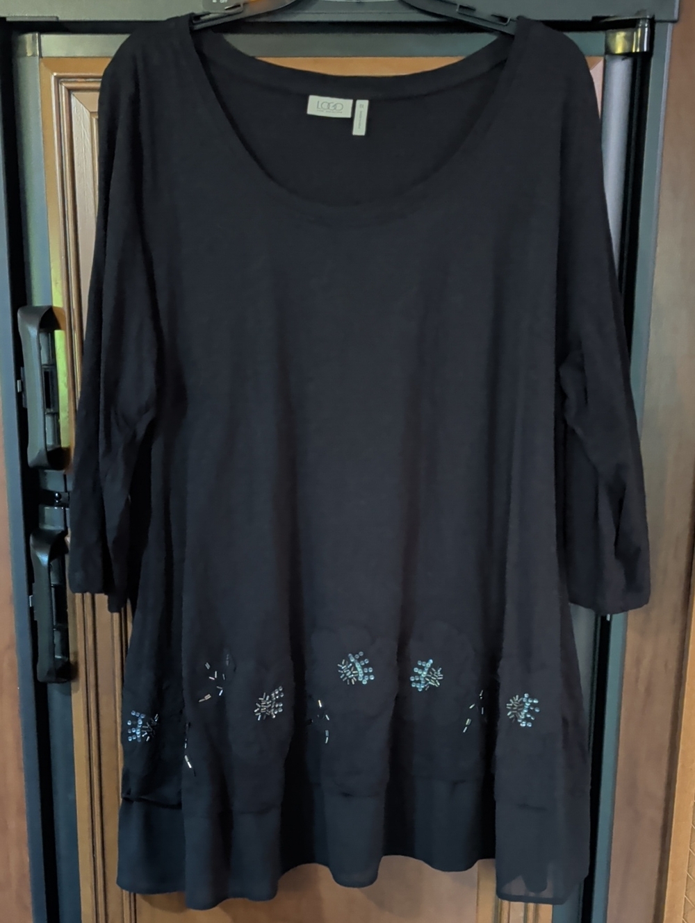 LOGO by Lori Goldstein Black Scoop Neck Tunic with Embellished Hem